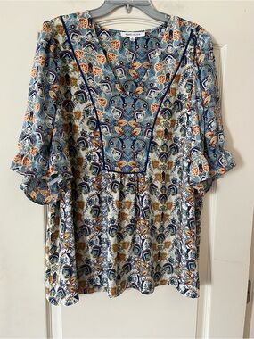 Rose & Olive Blue Floral Boho V-Neck Peasant Blouse Short Sleeve Women’s Size 2X